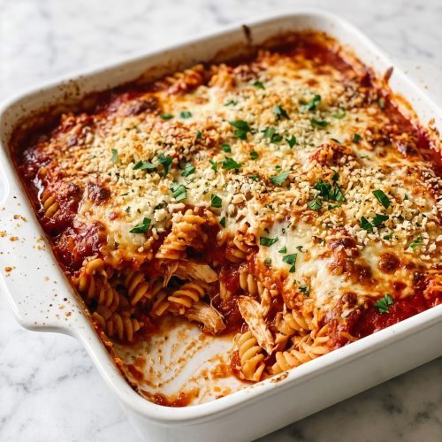 A square baking dish of chicken parmesan casserole with bubbly mozzarella and a golden panko crumb, one corner scooped out