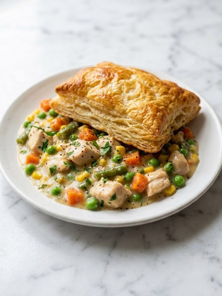 A serving of chicken pot pie on a plate with a piece of flaky golden puff pastry and creamy chicken and vegetable filling