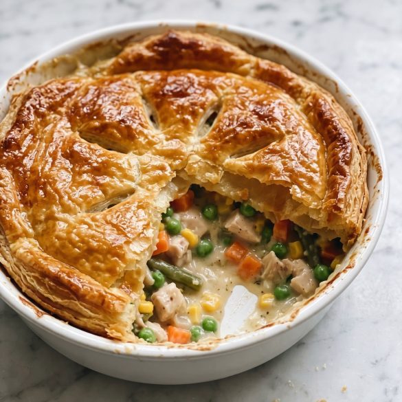 A chicken pot pie with a puffed golden puff pastry top in a round baking dish, one corner cut open to show the creamy filling