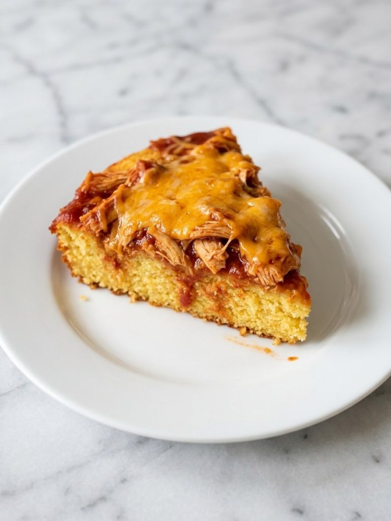 A wedge of chicken tamale pie with a cornbread base, enchilada sauce, chicken and cheddar