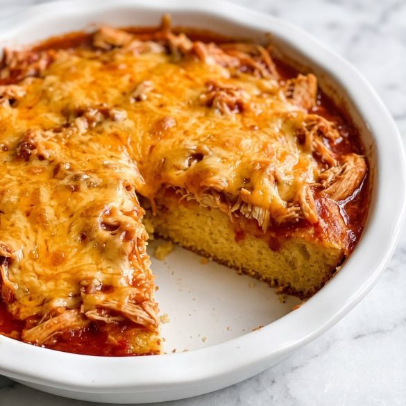 A chicken tamale pie in a pie dish with melted cheddar, one wedge cut to show the cornbread base
