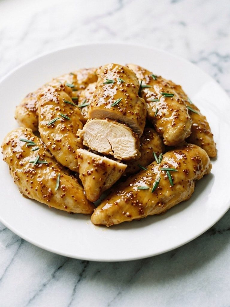 A plate of glazed honey mustard chicken tenderloins with whole grain mustard