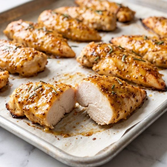 Glazed honey mustard chicken tenderloins on a parchment-lined sheet pan, one cut open