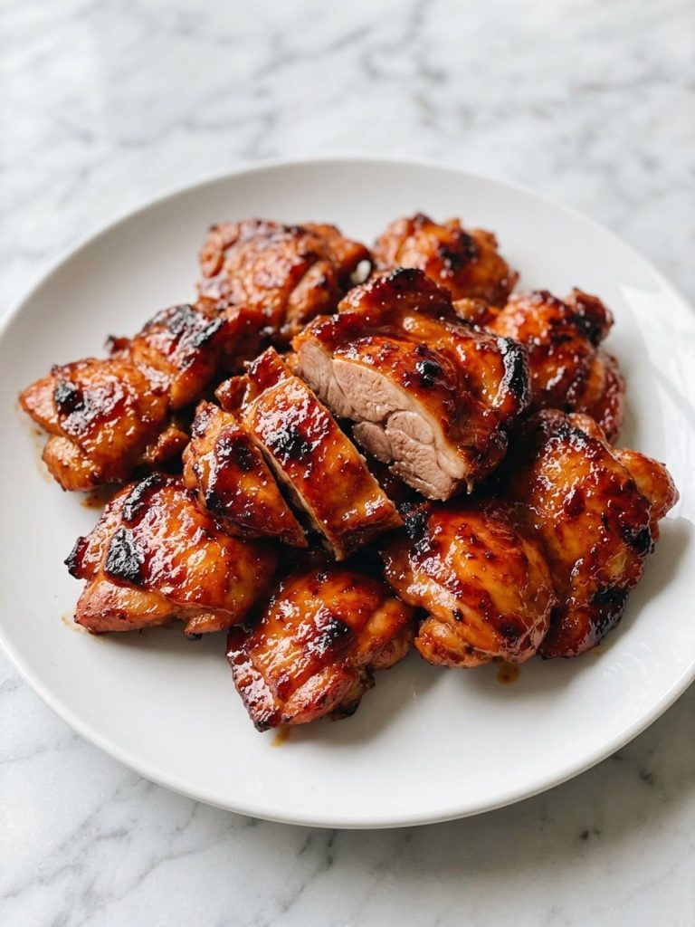 Close view of glazed, caramelized chicken tocino pieces