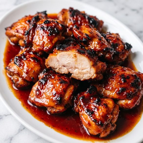 Caramelized reddish chicken tocino pieces with a sticky glaze on a white plate