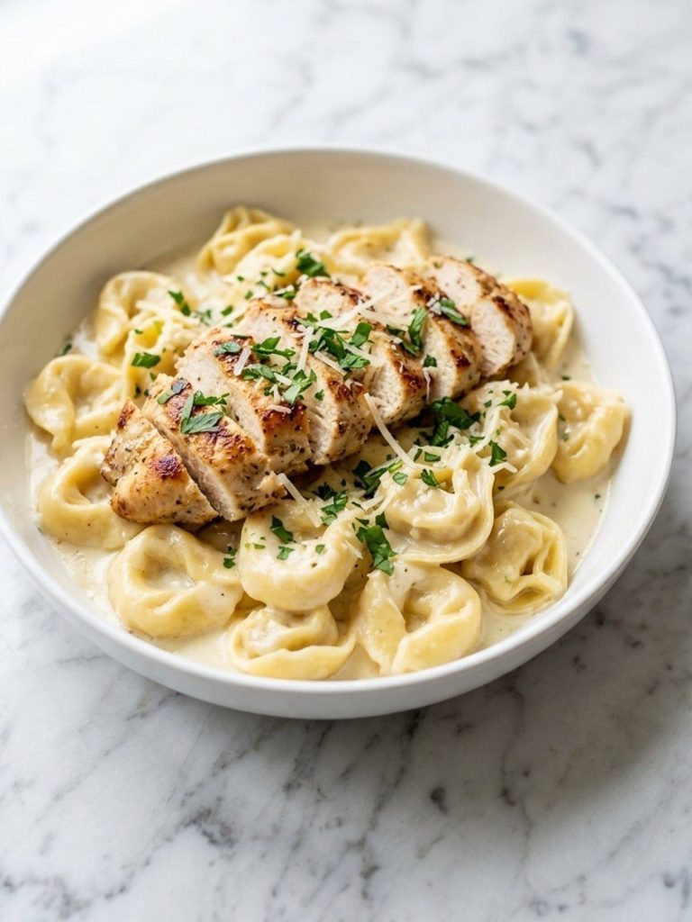 A bowl of creamy cheese tortellini alfredo topped with sliced chicken and parsley