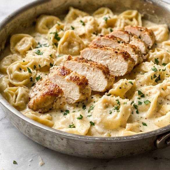 Cheese tortellini in creamy Alfredo sauce with sliced golden chicken in a skillet