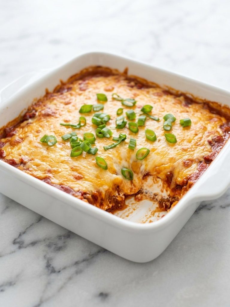 Baked chili cheese dip with a bubbly cheddar top in a square baking dish