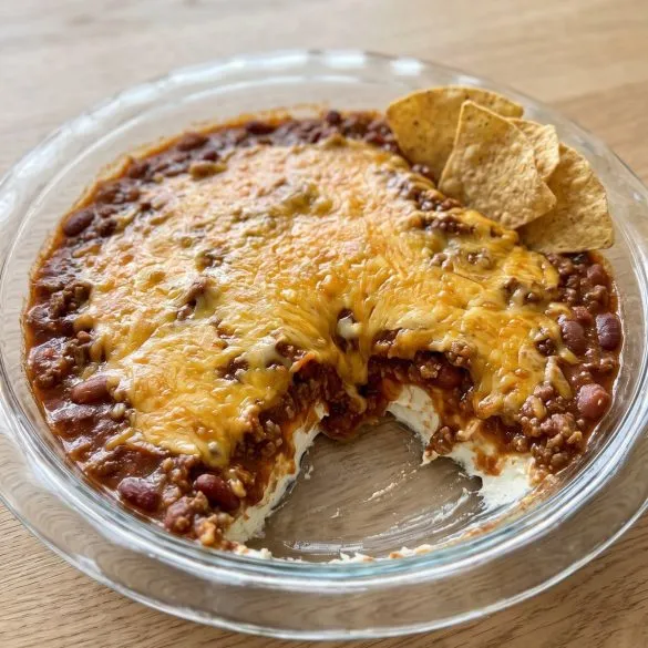 Chili dip with melted cheddar over chili and cream cheese in a glass pie dish with tortilla chips