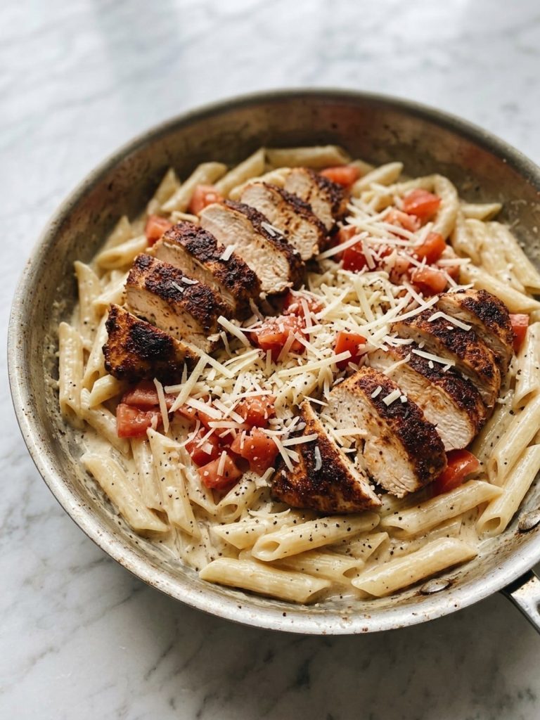 A skillet of penne in cream sauce topped with sliced Cajun chicken and diced tomato