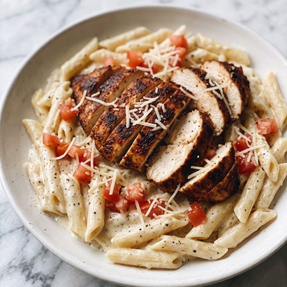 A plate of creamy penne topped with sliced Cajun chicken, diced tomatoes and Parmesan