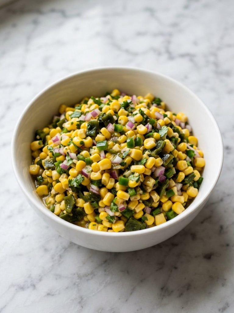 Close view of corn salsa with poblano, red onion, jalapeño and cilantro