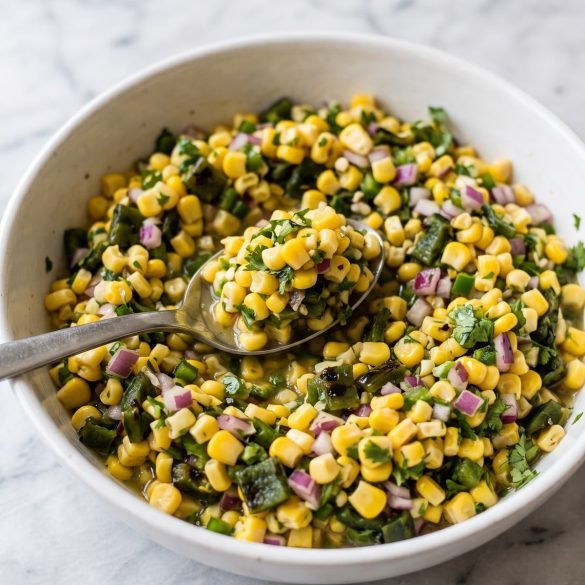 A white bowl of corn salsa with roasted poblano, red onion, jalapeño and cilantro