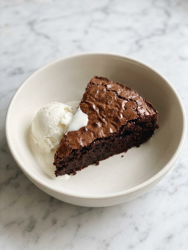 A wedge of fudgy chocolate skillet cake with a scoop of vanilla ice cream in a white bowl