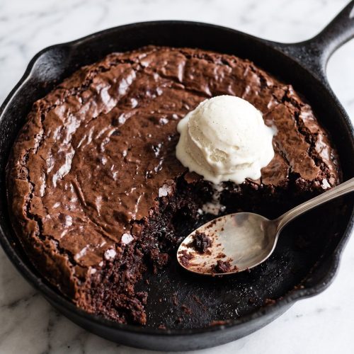 A fudgy chocolate cake baked in a cast-iron skillet with a scoop of vanilla ice cream on top