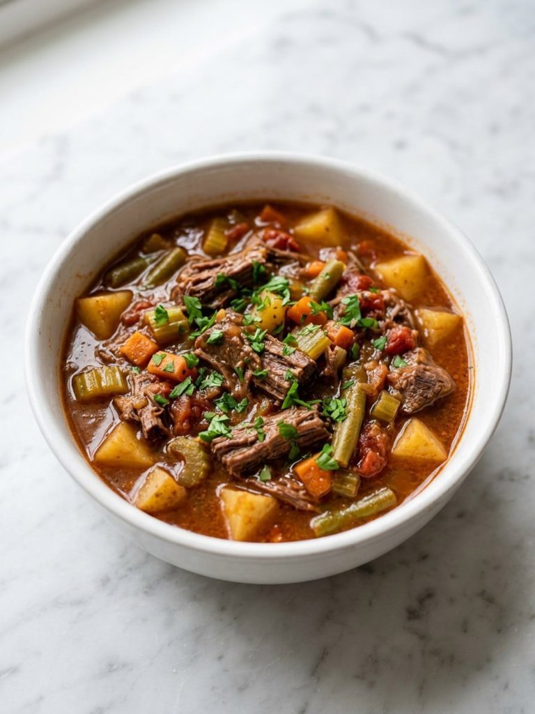A full bowl of vegetable beef soup with shredded beef, potatoes, carrots and green beans
