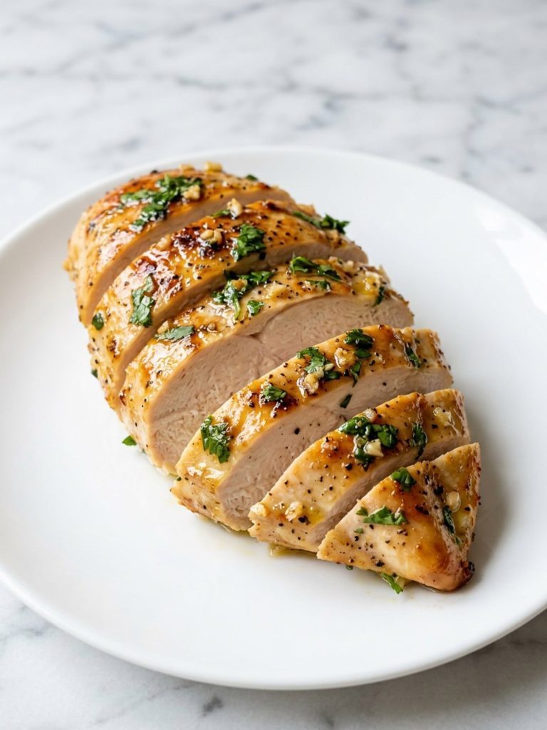 Close view of sliced baked chicken breast with cilantro and garlic