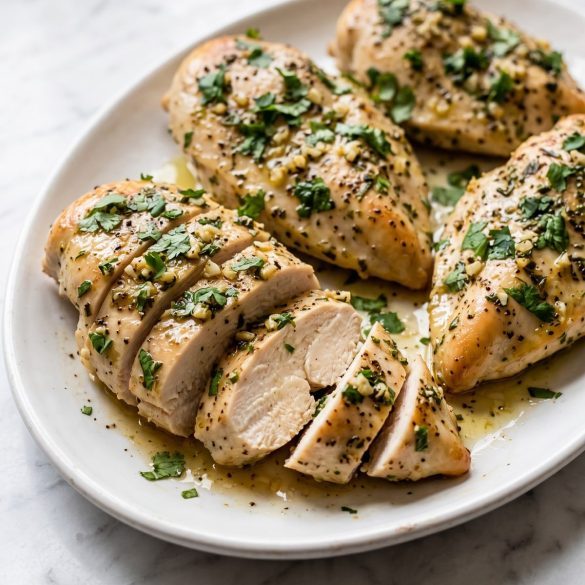Baked cilantro lime chicken breasts on a white platter, one sliced to show juicy meat
