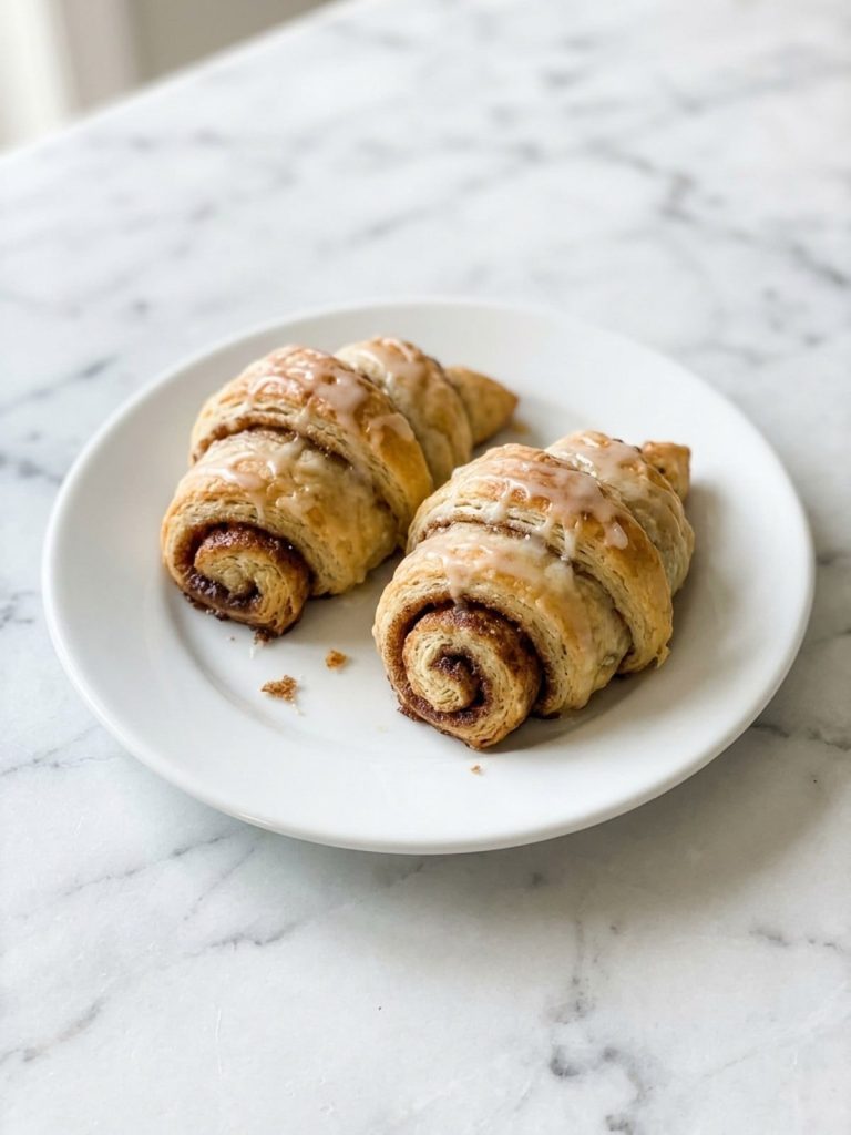 Two glazed cinnamon roll crescents on a white plate showing flaky golden layers and cinnamon filling