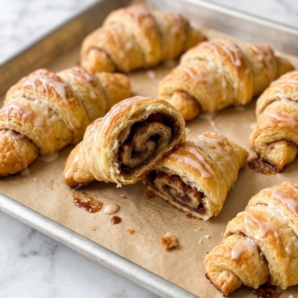 Glazed cinnamon roll crescents on parchment, one broken open to show the brown sugar cinnamon swirl inside