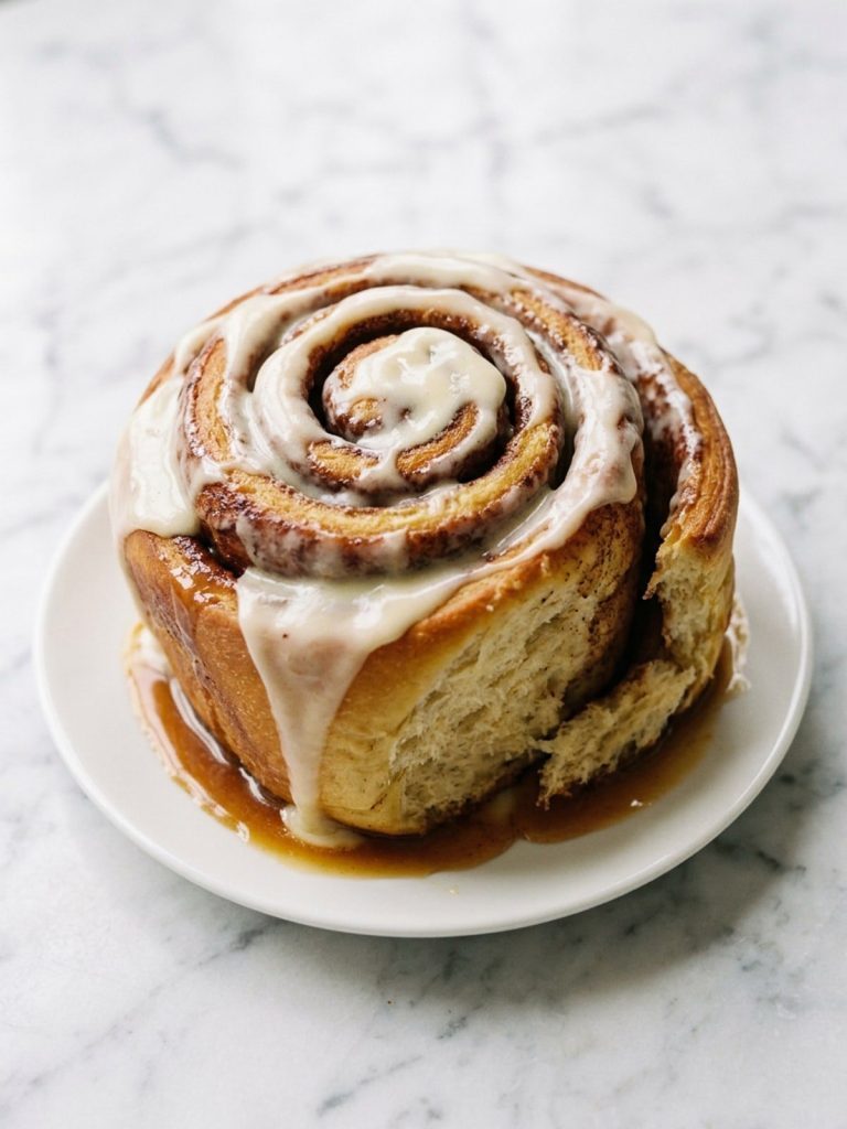 A large iced cinnamon roll on a white plate with caramel sauce