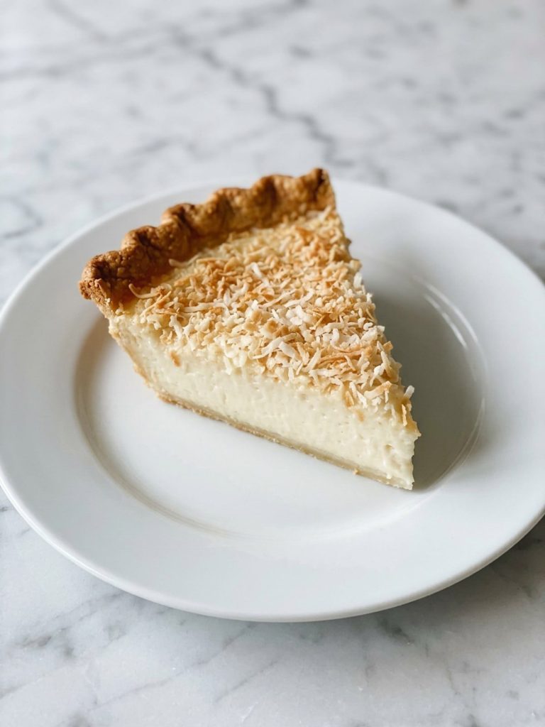 A slice of coconut custard pie showing the creamy custard and golden coconut top