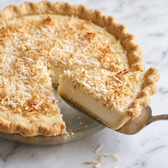 A coconut custard pie with a golden coconut top and one slice cut out
