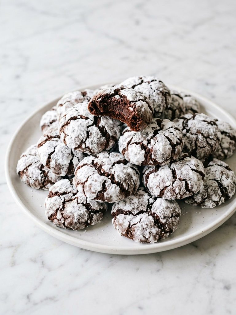 A white plate piled with crackled chocolate Cool Whip cookies, one broken open