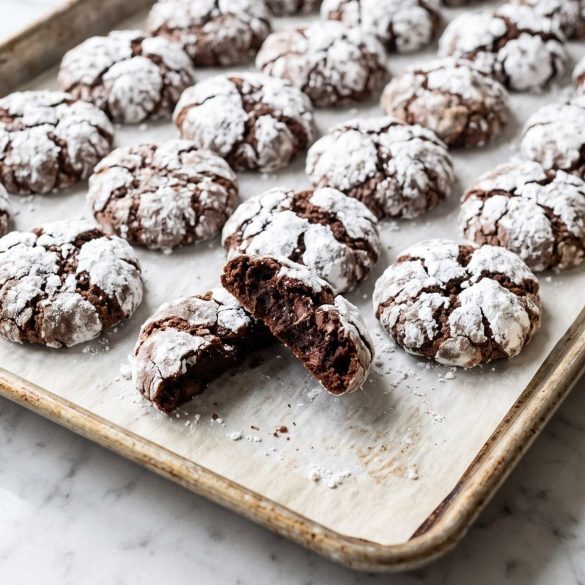 Chocolate Cool Whip cookies with crackled powdered sugar tops on a parchment-lined baking sheet, one broken in half