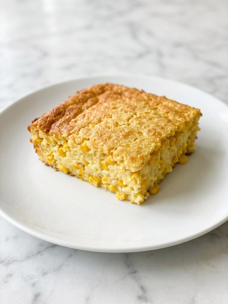 A full plate-size serving of creamy corn casserole