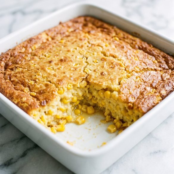 Golden corn casserole in a square baking dish with a spoonful scooped out