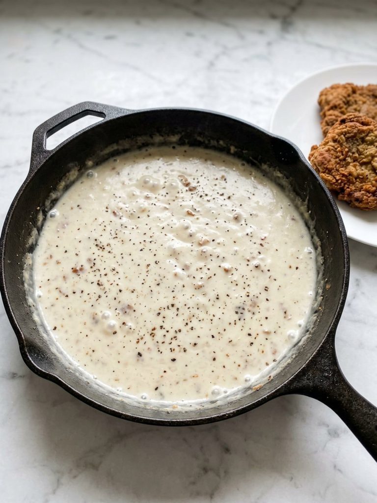 A cast-iron skillet of creamy white milk gravy with black pepper