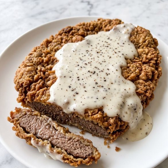 A crisp golden country fried cube steak covered with creamy white pepper gravy on a white plate