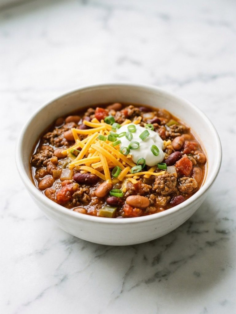 A bowl of thick cowboy chili topped with cheddar, sour cream and green onions