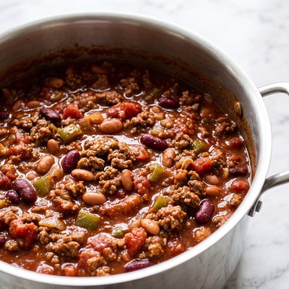 A pot of thick cowboy chili with ground beef, pinto and kidney beans and tomatoes
