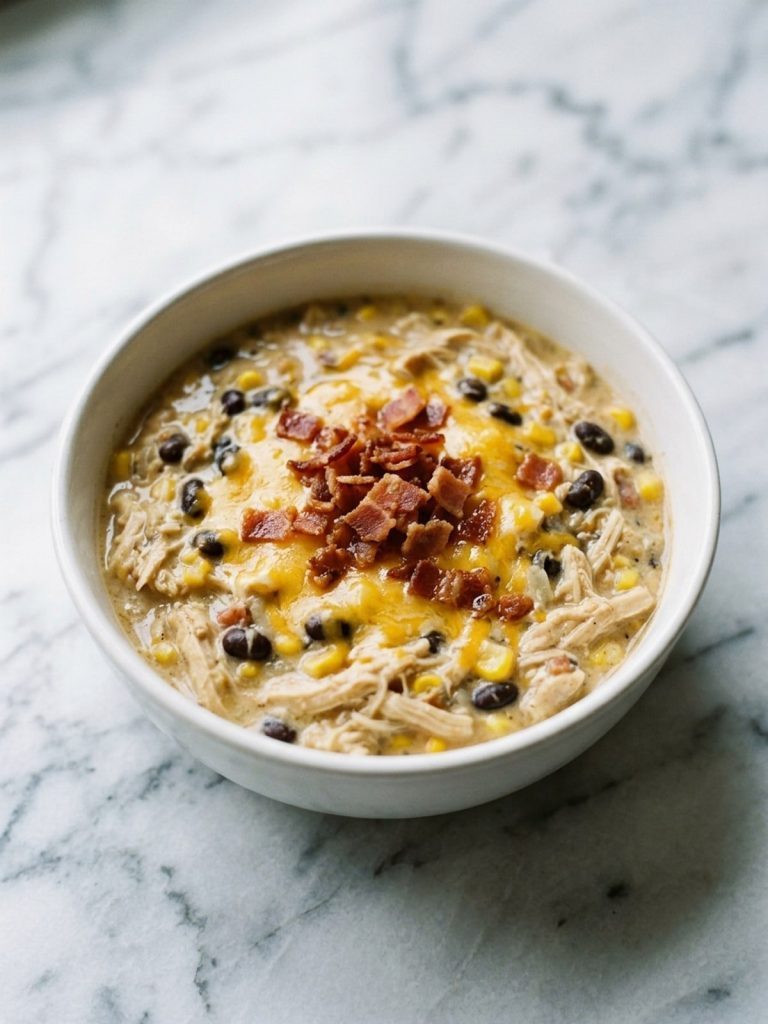 A full bowl of creamy chicken chili with shredded chicken, beans, corn and bacon
