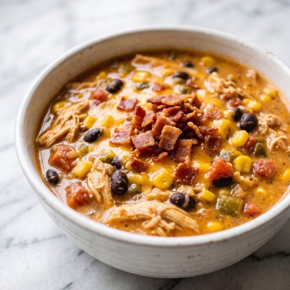Creamy crack chicken chili with black beans, corn, cheddar and crumbled bacon in a white bowl