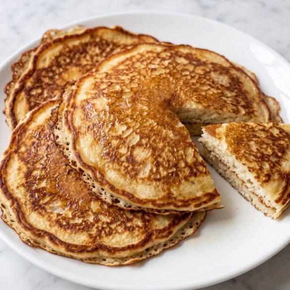 Three large golden buttermilk pancakes with crisp lacy edges on a white plate