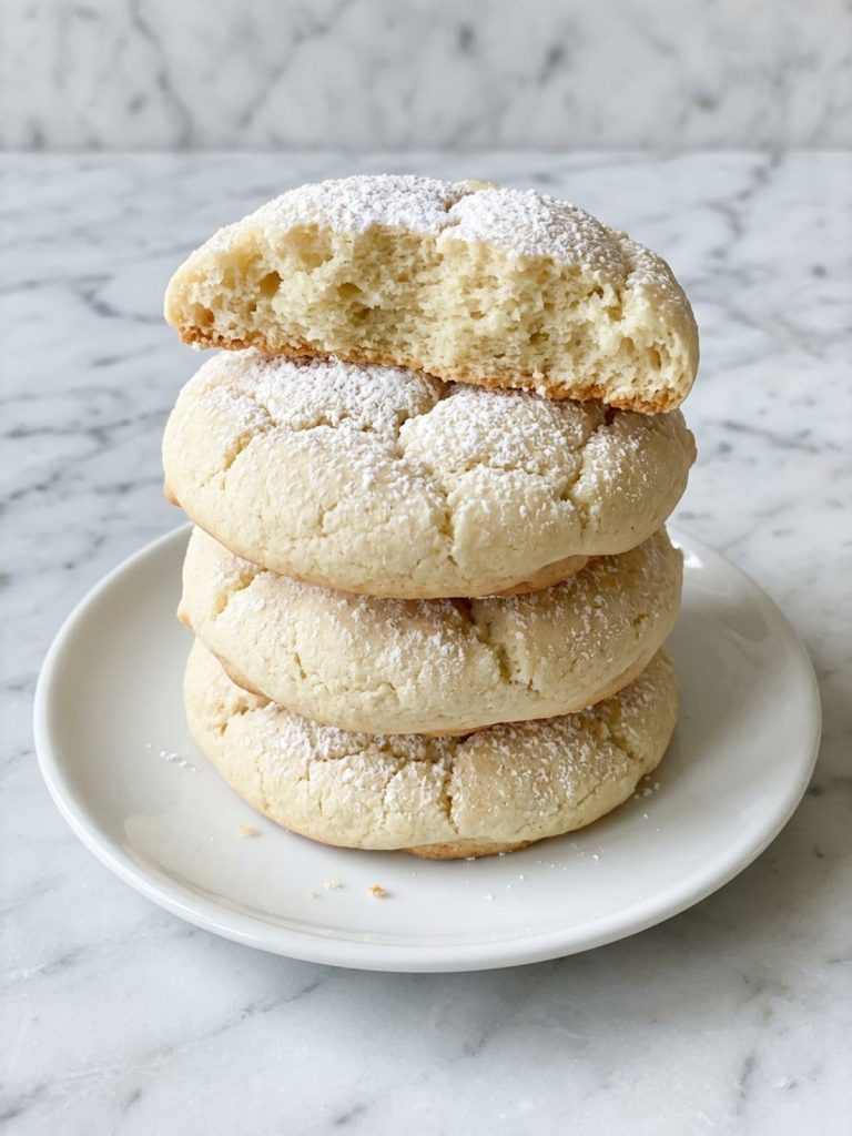 A stack of soft, pale cake mix cookies dusted with powdered sugar