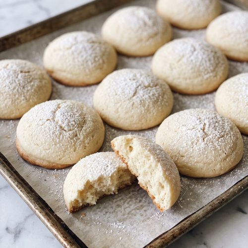 Soft, thick white cake mix cookies dusted with powdered sugar on a parchment-lined baking sheet