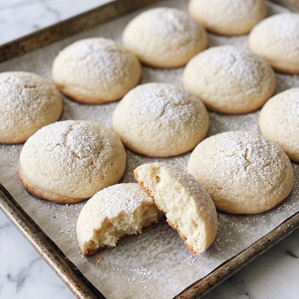 Soft, thick white cake mix cookies dusted with powdered sugar on a parchment-lined baking sheet