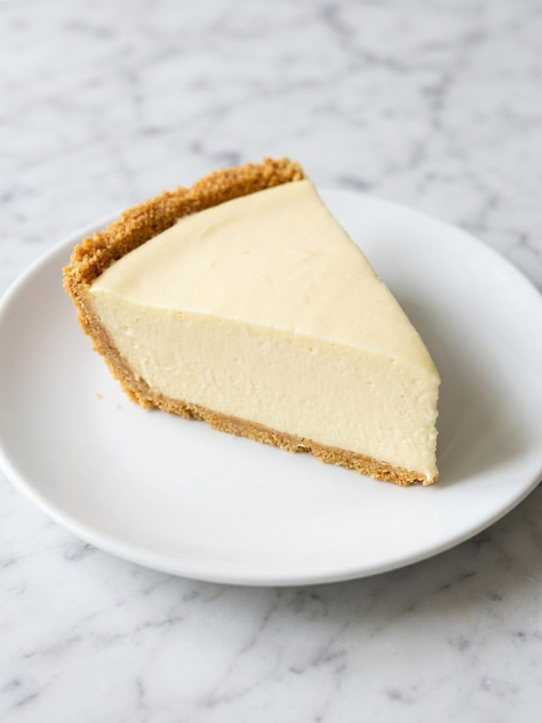 A wedge of pale yellow cream cheese lemonade pie with a graham cracker crust on a white plate
