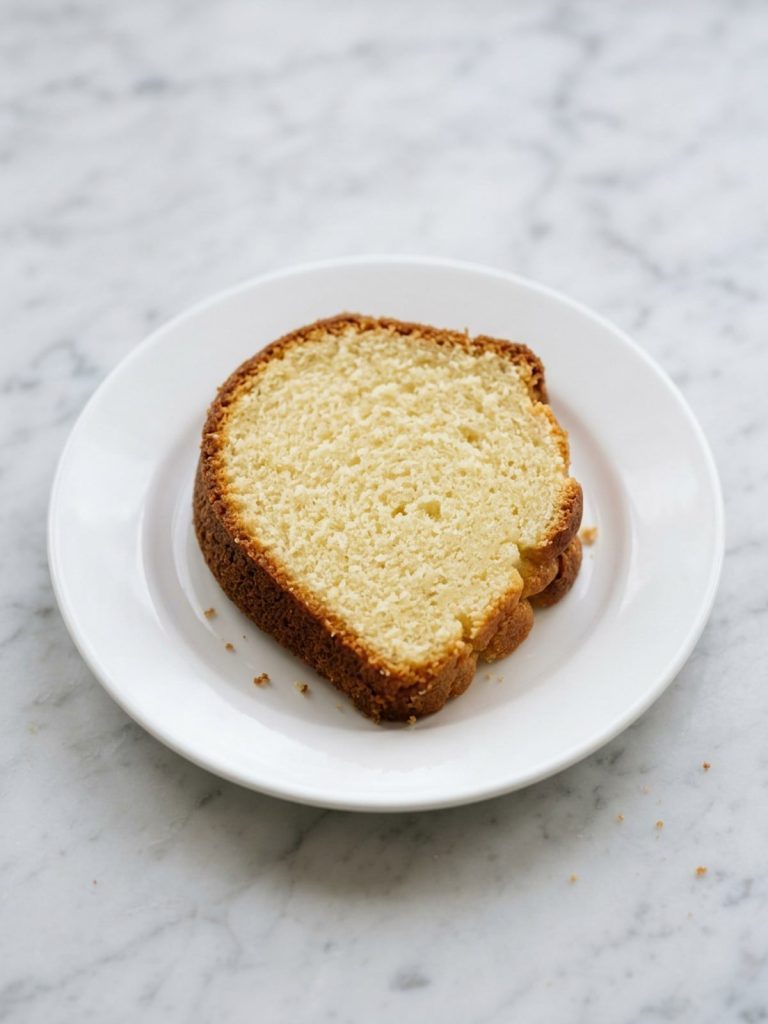 A thick slice of pound cake with a fine velvety crumb and golden crust