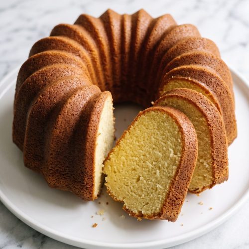 A golden Bundt pound cake on a white cake plate with two slices cut