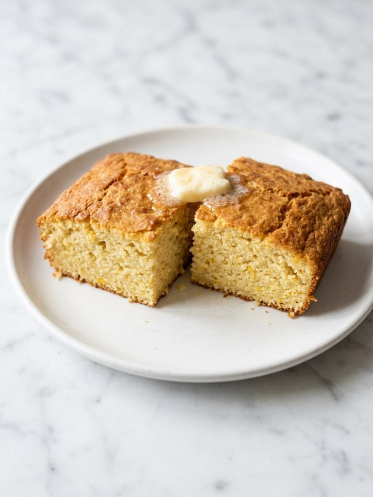 A square of creamed corn cornbread on a white plate with a pat of honey butter melting on top