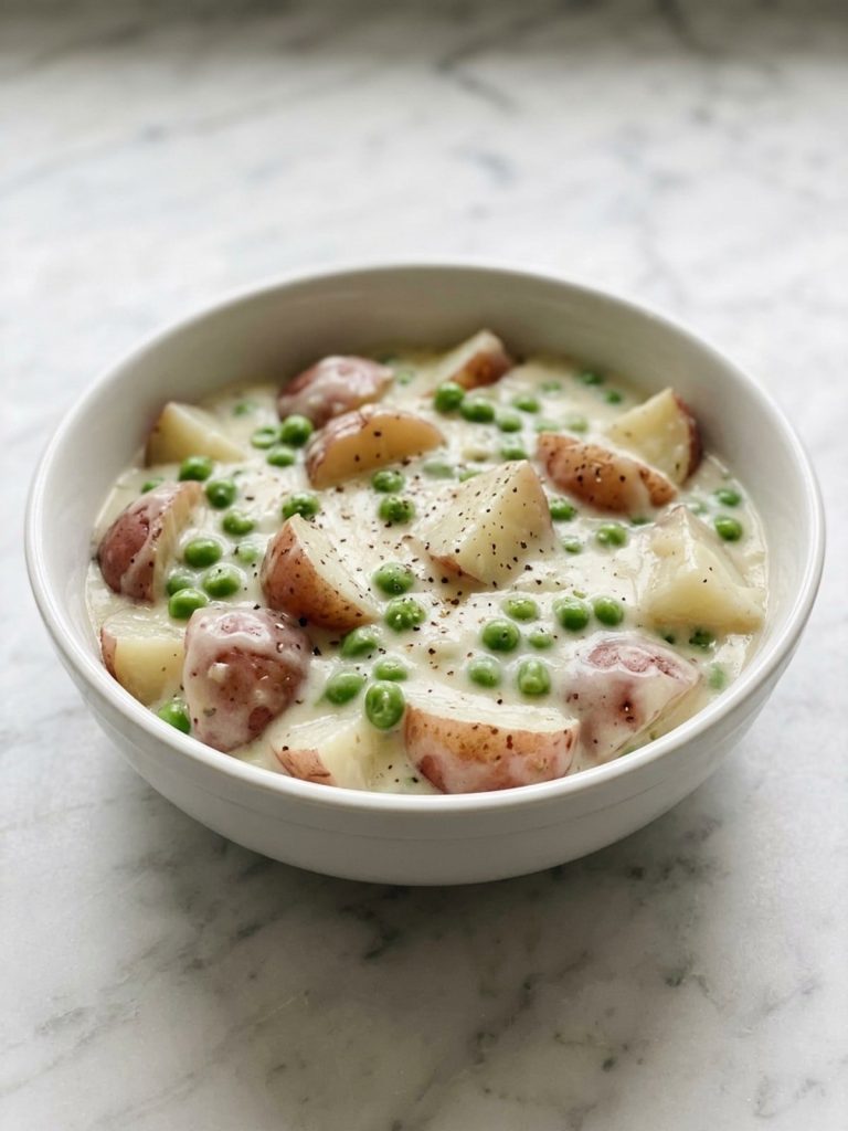 A full bowl of creamed red potatoes and peas