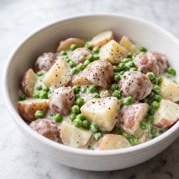 Red potatoes and green peas in a creamy white sauce in a white serving bowl