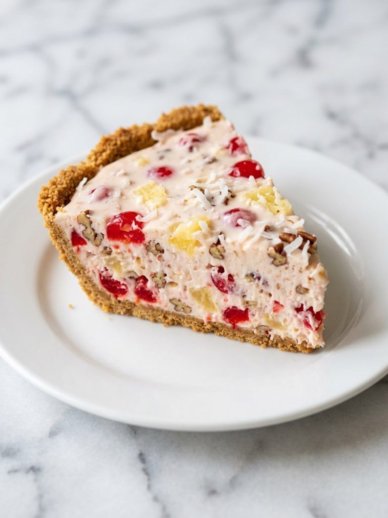 A slice of creamy millionaire pie with cherries, pineapple, coconut and pecans