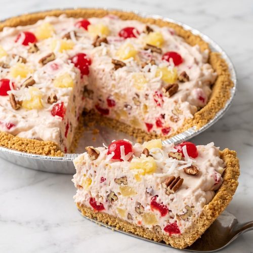 A no-bake millionaire pie in a graham cracker crust with one slice cut out