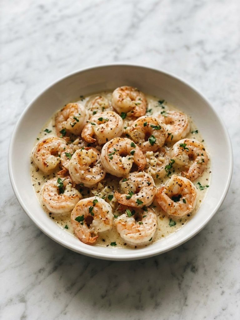 A full bowl of shrimp coated in thick creamy garlic sauce with parsley
